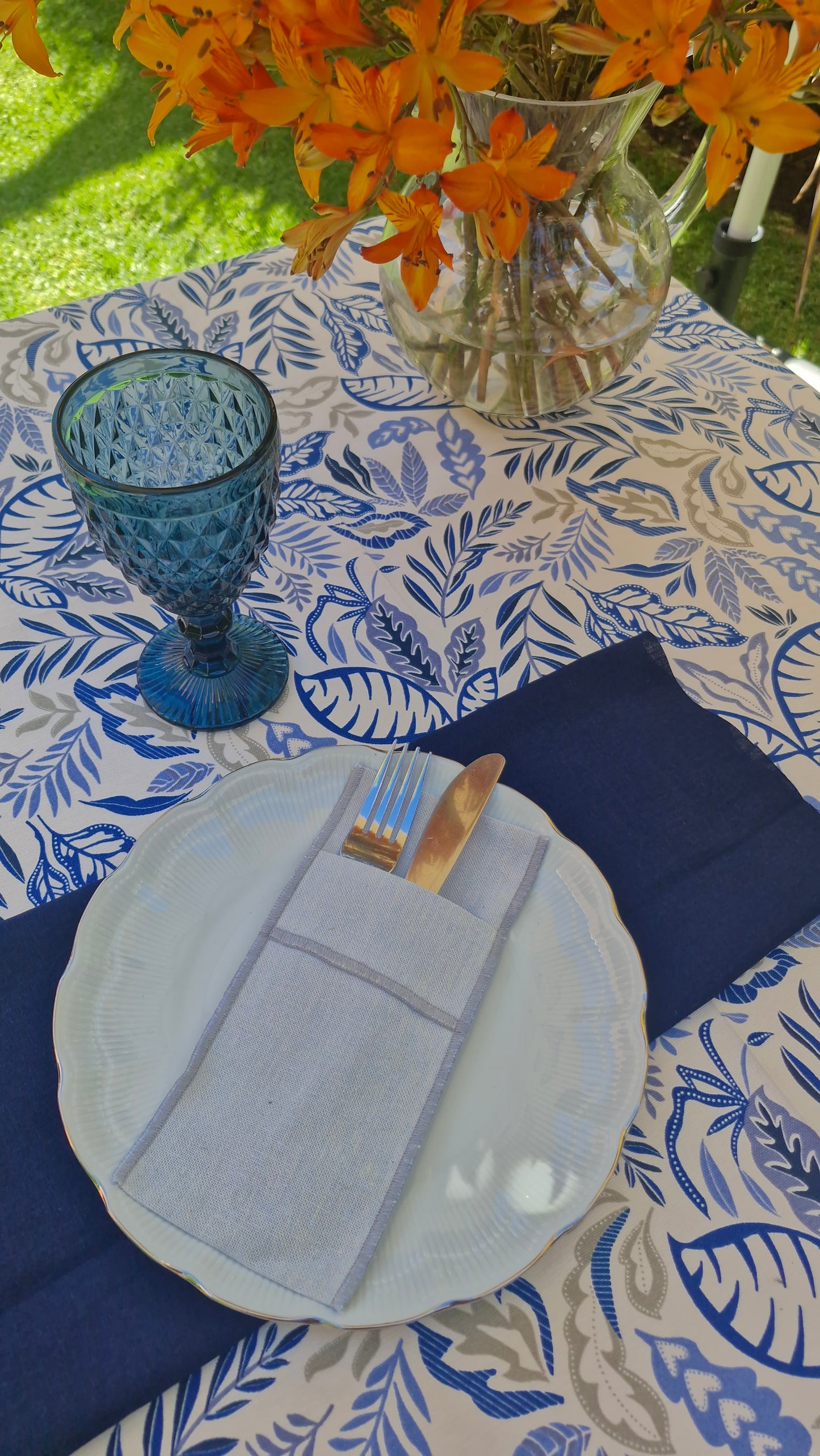 Mantel Rectangular Botánico Azul
