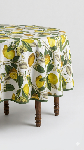 Mantel redondo repelente Lima Limón estampado de limones sobre mesa de madera