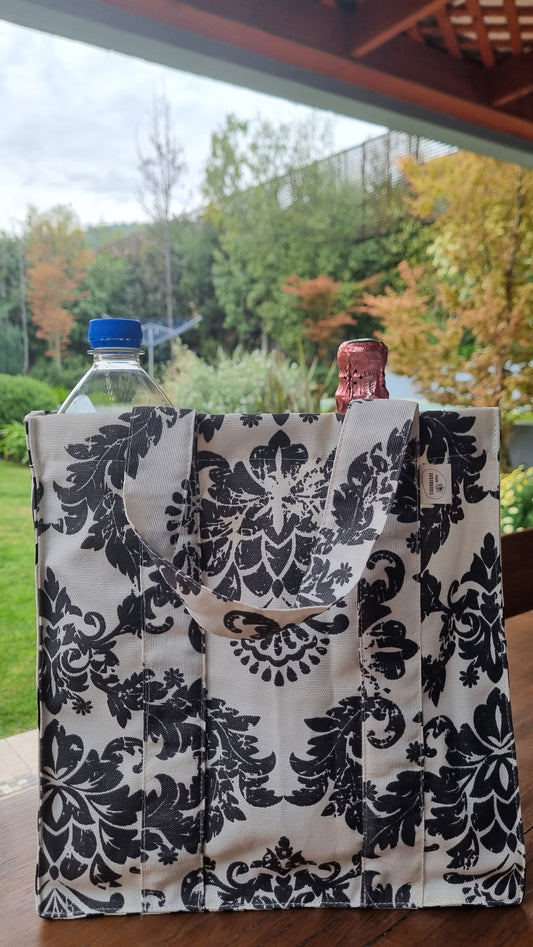Bolso Porta Botellas Flores Negras.