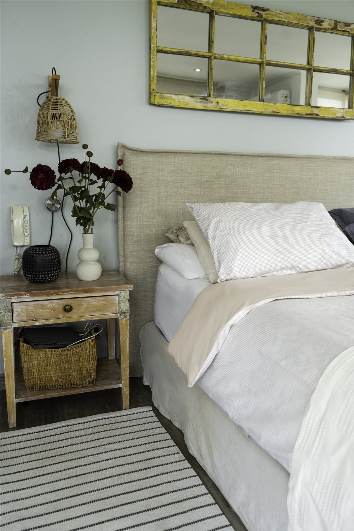 Cama con funda de plumón Vichy Beige, dormitorio cálido