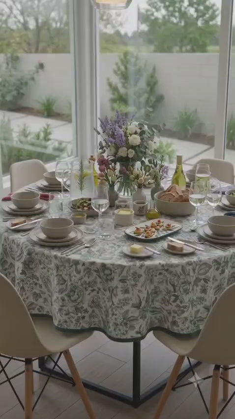Mantel redondo repelente Toile de Jouy Rosas Verdes en movimiento