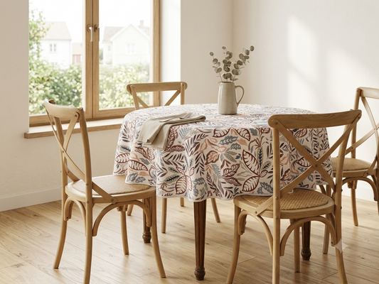 Mantel redondo repelente Selvático terracota con hojas burdeo y terracota sobre mesa redonda de comedor con sillas de madera
