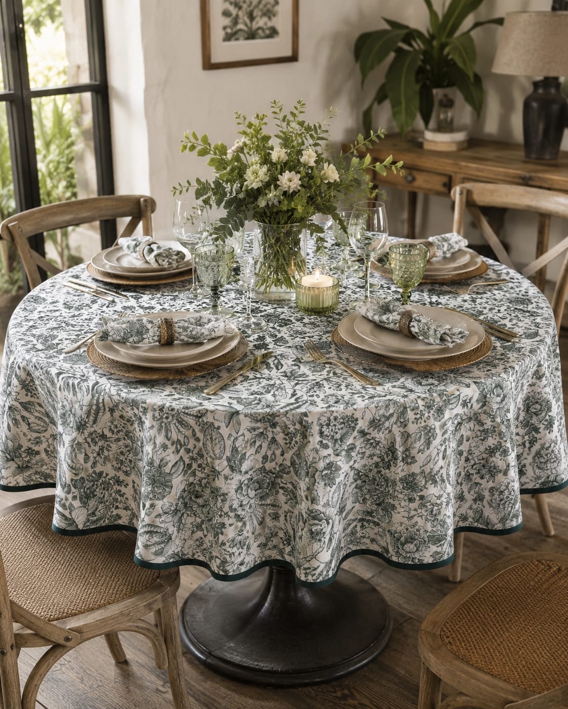 Mantel redondo repelente Toile de Jouy Rosas Verdes en mesa puesta con vajilla blanca